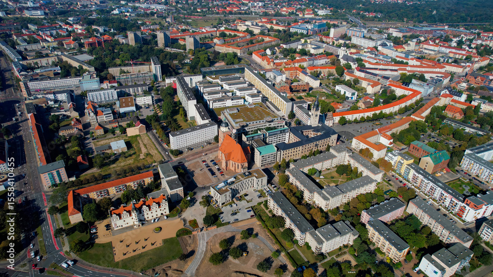 Fototapeta premium Aerial of the old town of the city Dessau on a sunny noon in summer in Germany.