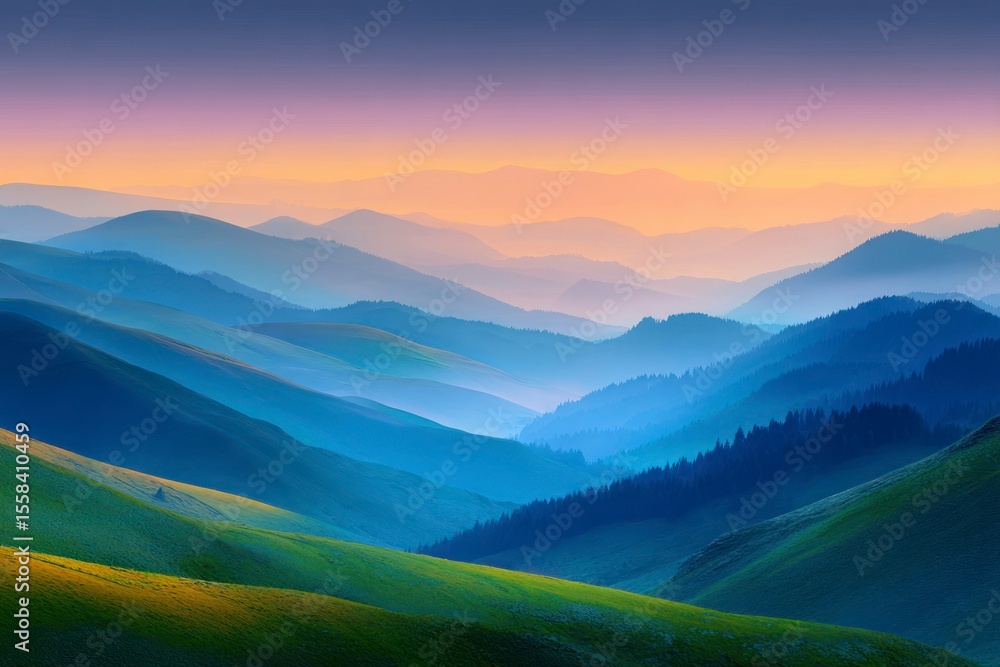Obraz premium Landscape of hills with trees covered in mist with an orange sky