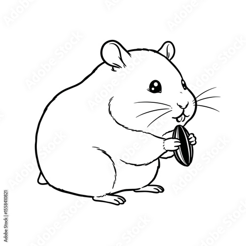 A cute hamster holds a sunflower seed with both paws, showing round eyes, whiskers, and a cheerful expression.