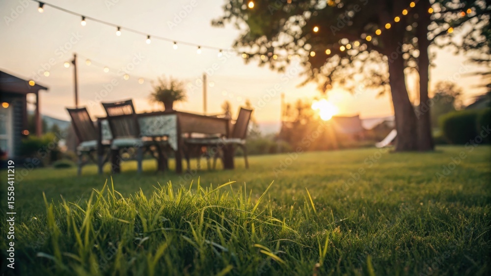 Fototapeta premium Backyard patio table and chairs with string lights at sunset outdoor