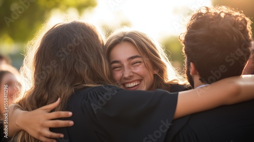 Graduates celebrating together outdoors during a joyful moment in the evening light