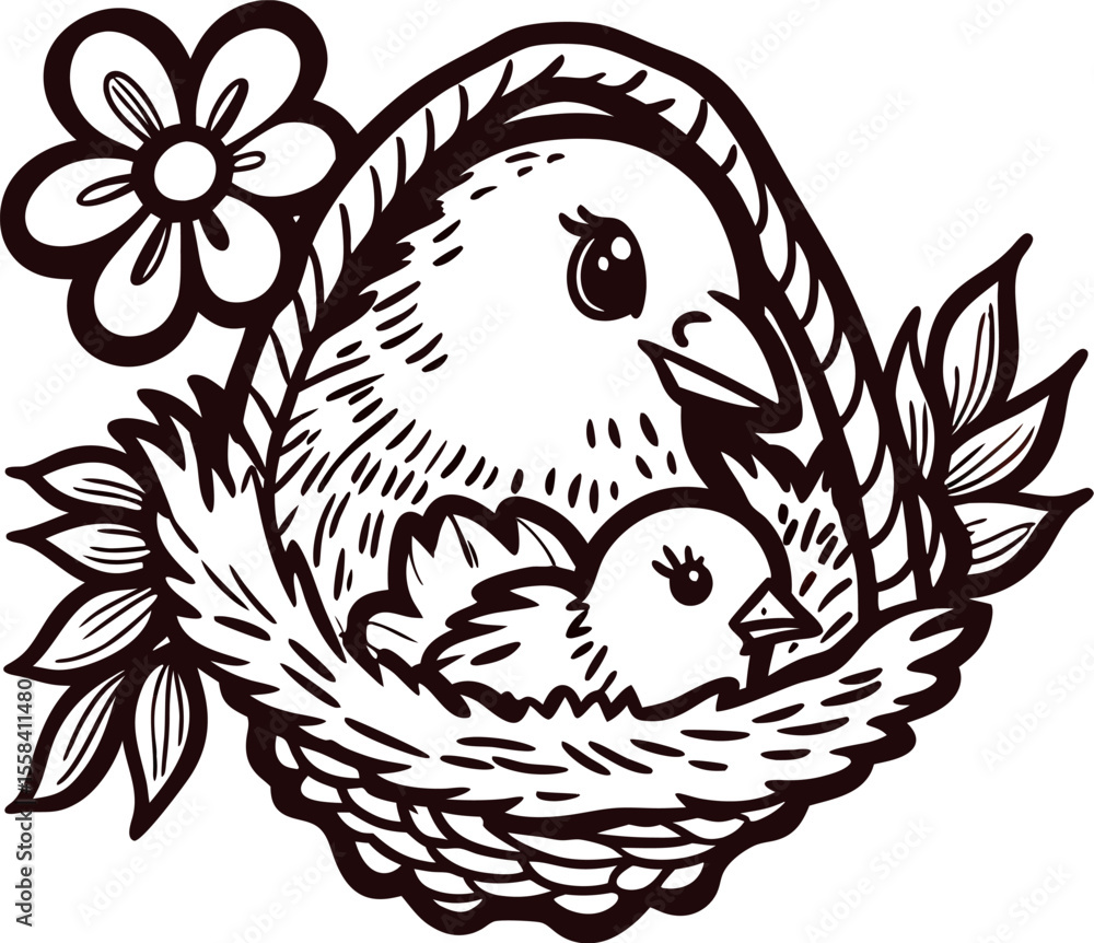 Obraz premium Mother and baby bird in nest with flower and leaves, hand drawn black and white illustration
