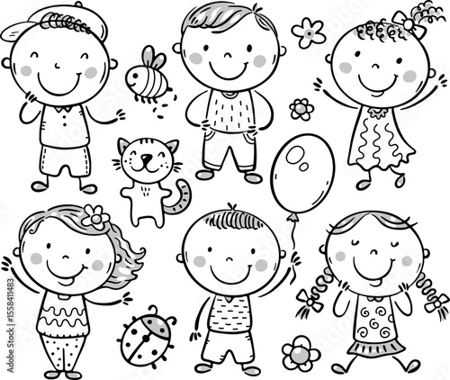 Doodle set of happy kids. Black and white clipart