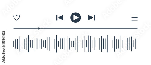 Media Player progress loading bar, play next, rewind fast forward buttons. Templates of music playback panel interface. Sound waves or voice message. White mode. Mini-player, embeddable into websites