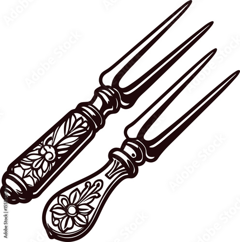 Vintage hand drawn illustration of ornate meat carving fork with floral patterned handle