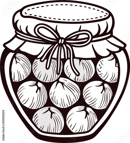 Hand drawn glass jar filled with preserved whole fruit and cloth cover, vintage black and white illustration