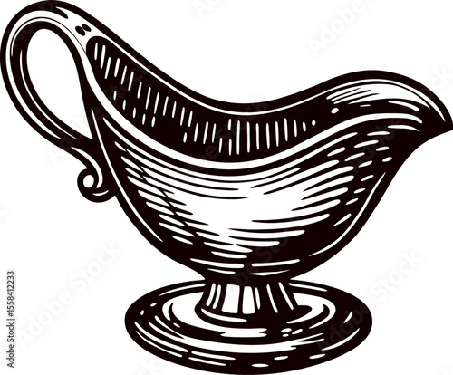 Hand drawn vintage gravy boat illustration with engraved etching lines and classic ornate shape