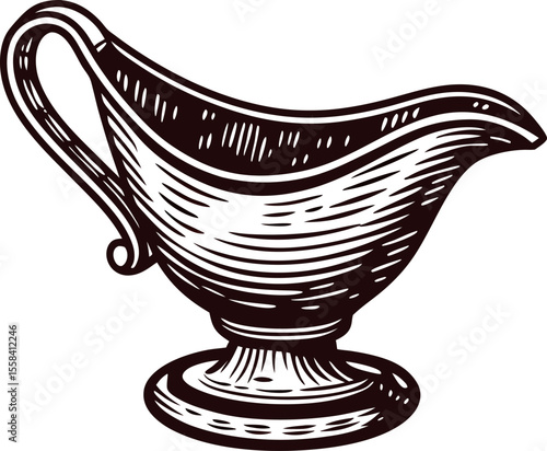 Hand drawn vintage gravy boat illustration engraved dishware  isolated on white background