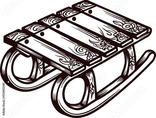 Traditional wooden sled illustration with ornate patterns vintage engraved winter transport drawing