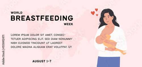 Mother breastfeeding baby to celebrate World Breastfeeding Week. Educational banner template for lactation awareness and maternal health support. Flat Style Vector Illustration.