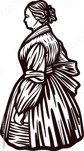 Engraved vintage illustration of woman in historical dress walking side view, detailed etching sketch