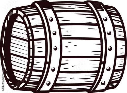 Vintage wooden barrel illustration with metal bands in classic engraving on white background