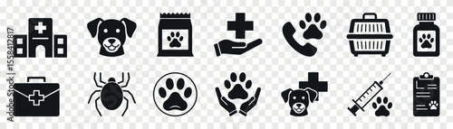 Veterinary vector flat black icon set. Pet health care.