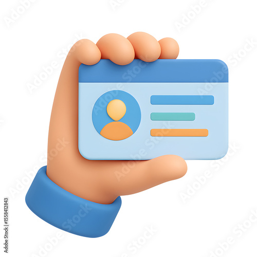 3d hand holding identification card with profile icon isolated on transparent background