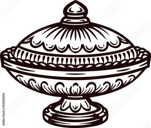 Ornate antique lidded bowl isolated on white background, vintage engraved decorative dish illustration