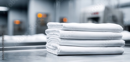 The neatly folded white linens stacked in a clean commercial laundry environment.