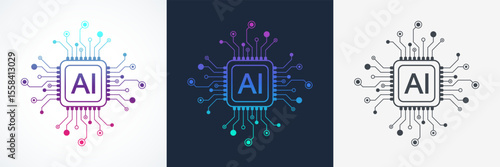 Artificial intelligence icon, sign, logo in the circuit line style. AI processor vector icon flat design. Motherboard digital chip AI. Machine learning design