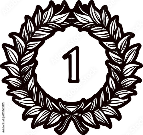 Hand drawn laurel wreath with number one inside vintage engraved black and white illustration