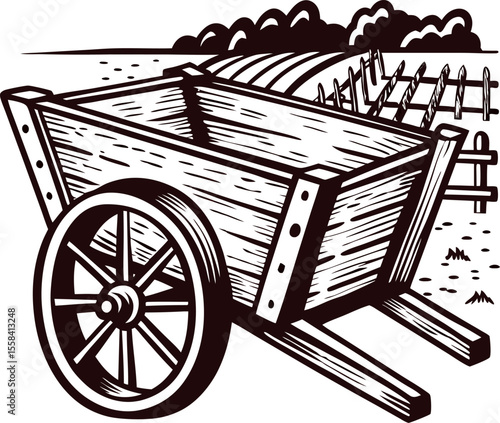 Rustic wooden farm cart with large wheel in vintage hand drawn on countryside landscape