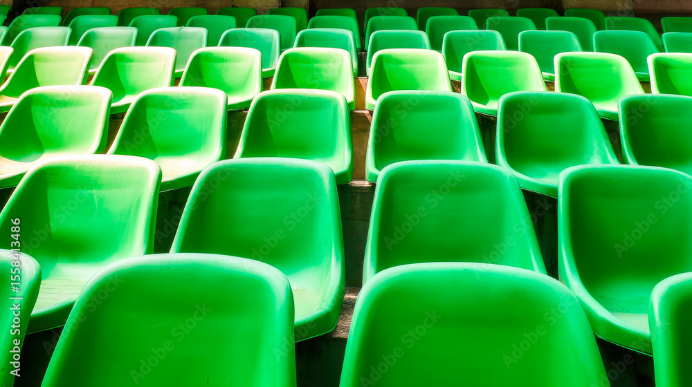 Fototapeta premium Vibrant green seats arranged in neat rows create a modern stadium atmosphere