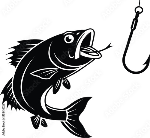 Vector art of a fish being caught on a hook isolated on white background in black and white