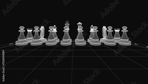 A 3D model of a chess set arranged in traditional formation, with the king and queen pieces facing each other. The white chess pieces contrast sharply against the black background, creating a.
