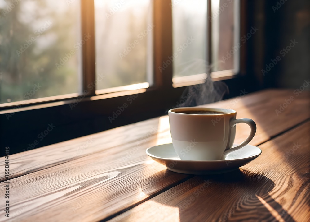 Warm cup of coffee sits wooden table, illuminated by soft sunlight streaming through window Warm cup of coffee sits wooden table, illuminated by soft sunlight streaming through window