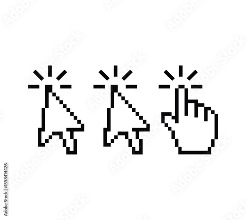Pixel cursor pointer icons set. Computer mouse click arrow and hand. Pixel hand arrow logo vector isolated