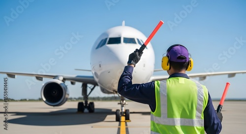 Aircraft Marshaller Guiding Plane at Airport , Ground Crew Directing Plane Arrival on Runway