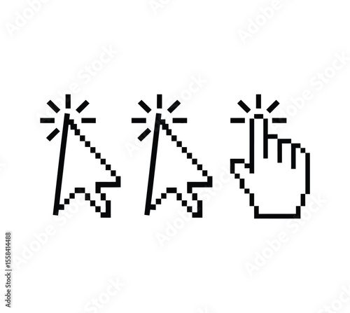 Pixel cursor pointer icons set. Computer mouse click arrow and hand. Pixel hand arrow logo vector isolated