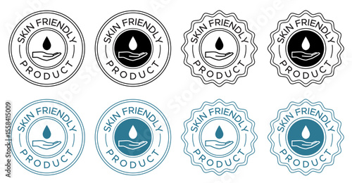 Skin Friendly Product Labels – Blue Circular Vector Emblem with Hand and Droplet Icon for Product and Informational Labels