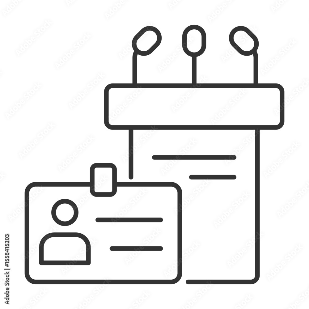 Public speaking event linear icon. Podium and id badge. Professional event. Panel discussion. Press conference. Thin line illustration. Contour symbol. Vector outline drawing. Editable stroke Public speaking event linear icon. Podium and id badge. Professional event. Panel discussion. Press conference. Thin line illustration. Contour symbol. Vector outline drawing. Editable stroke