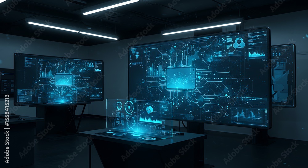 Fototapeta premium High-Tech Command Center with Cybersecurity Interfaces. (AI Generated)