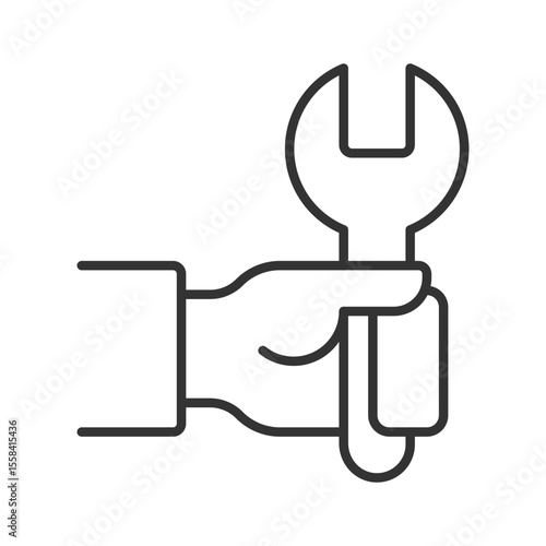 Repair service linear icon. Hand holding wrench. Maintenance and fixing. Manual labor. Technical skill. Thin line illustration. Contour symbol. Vector outline drawing. Editable stroke