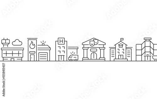 City infrastructure linear icon. Urban planning. Public services. Cityscape. Fire station, hospital and school. Thin line illustration. Contour symbol. Vector outline drawing. Editable stroke