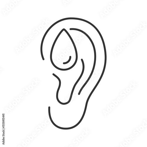 Eardrops linear icon. Ear infection treatment with medication. Otology concept. Ear care and hygiene. Thin line illustration. Contour symbol. Vector outline drawing. Editable stroke