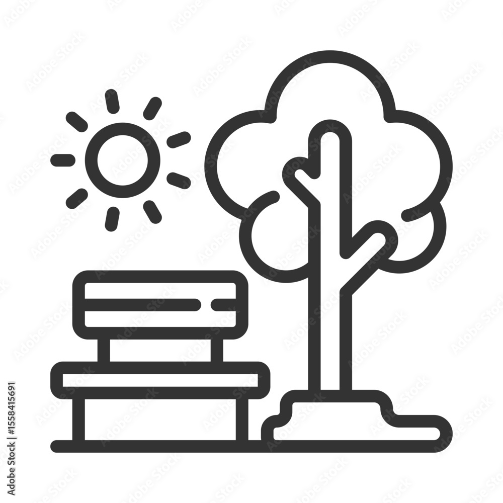 Green public spaces linear icon. Public park bench and tree. Outdoor recreation. Urban park. Nature landscape. Thin line illustration. Contour symbol. Vector outline drawing. Editable stroke Green public spaces linear icon. Public park bench and tree. Outdoor recreation. Urban park. Nature landscape. Thin line illustration. Contour symbol. Vector outline drawing. Editable stroke
