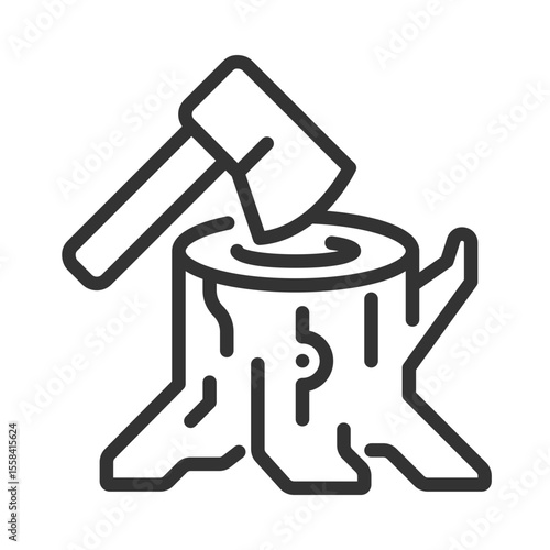 Deforestation linear icon. Tree stump and axe. Forest degradation and exploitation. Chopping wood. Logging industry. Thin line illustration. Contour symbol. Vector outline drawing. Editable stroke