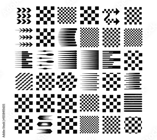 Racing cars and race car stripes set, checkered flag, finish line, motocross labels, dynamic lines, motorsport, racing stripe speed, automotive