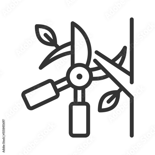 Pruning linear icon. Shears cutting branch. Tree trimming. Gardening and tree maintenance. Plant care. Thin line illustration. Contour symbol. Vector outline drawing. Editable stroke