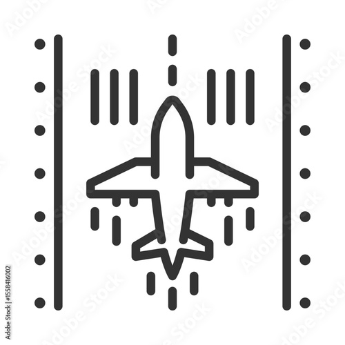 Airplane on runway linear icon. Represents takeoff, landing and airport operations. Aviation and air travel. Thin line illustration. Contour symbol. Vector outline drawing. Editable stroke