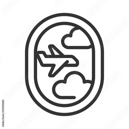 Aircraft porthole linear icon. Plane in clouds outside window. In-flight experience and scenic view during travel. Thin line illustration. Contour symbol. Vector outline drawing. Editable stroke