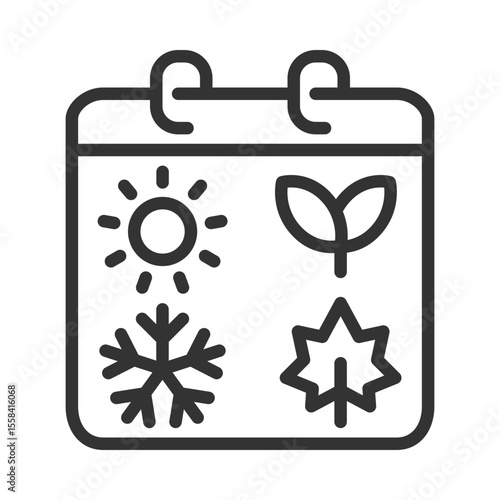Seasonal cycle linear icon. Four seasons. Sun for summer. Sprout for spring. Snowflake for winter. Maple leaf for fall. Thin line illustration. Contour symbol. Vector outline drawing. Editable stroke