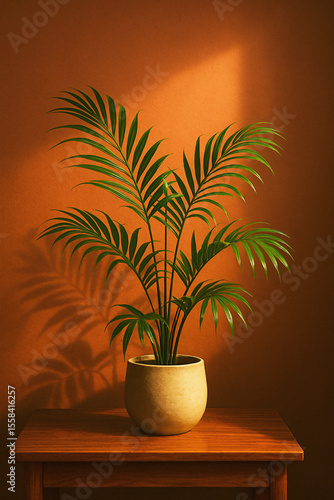 Potted palm on wooden table with orange wall and sunlight
