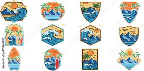 Colorful retro surf and beach vector badge set. Including sun, waves, palm trees, mountains, surfboards. Perfect for t-shirt prints, stickers and other uses