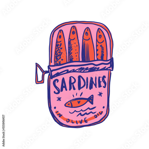 Whimsical Tinned Goods Can Of Sardines Canned Fish Food Colorful Seafood Illustration Vector Clip-art, Positive Vibe Artwork For T Shirt Print, Poster, Sticker And Other Uses