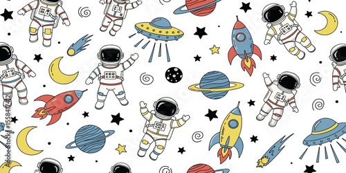Hand-drawn space theme vector seamless pattern with UFOs, rockets, planets, stars, comets, and astronauts in a doodle art style
