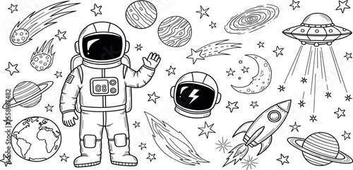 Hand-drawn space theme vector illustration set with UFOs, rockets, planets, stars, comets, and astronauts in a doodle art style
