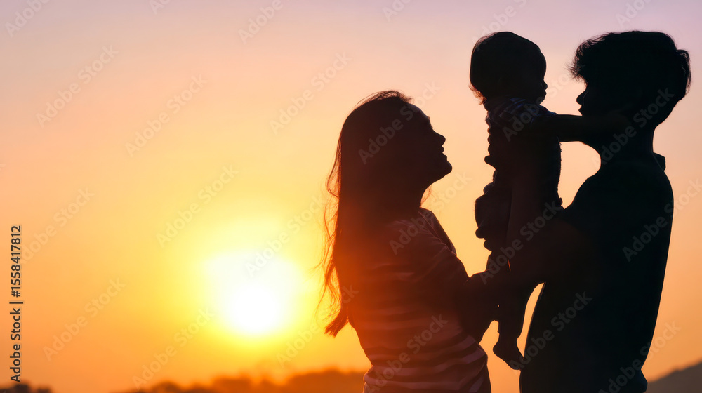 Fototapeta premium Cherished moments of joy among family during a vibrant sunset silhouette