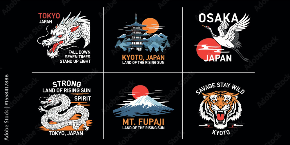 Fototapeta premium Japanese culture vector graphics. Dragon, pagoda, crane, tiger, Mount Fuji. Perfect for t-shirt designs, posters, stickers and other uses.